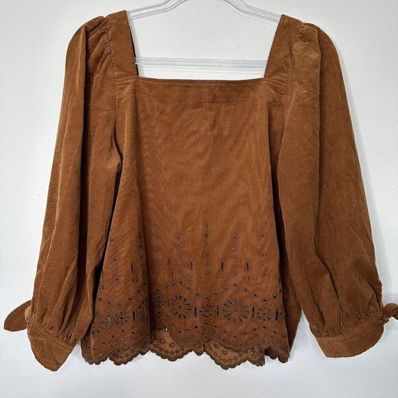 Madewell Embroidered Eyelet Ribbed Corduroy Tie-Sleeve Top in Warm Coffee Sz S - Picture 6 of 11